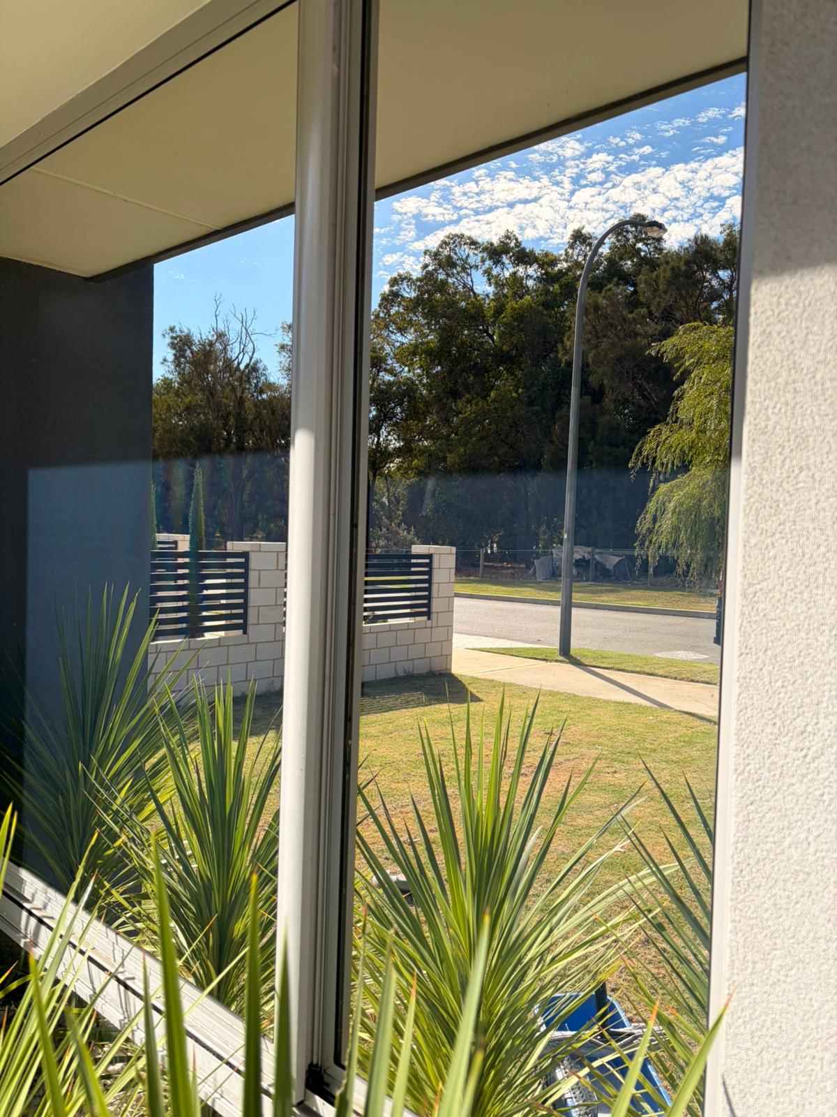 After window cleaning Cooloongup - crystal clear corner windows showing street, trees and blue sky